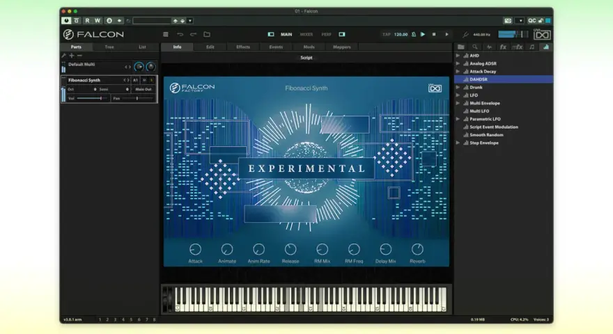 Interfejs programu uvi falcon z widocznym presetem "Fibonacci Synth" i wirtualnymi klawiszami.