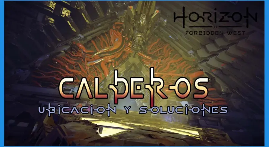 Interior de una estructura futurista con cables rojos. Texto: CALDEROS HORIZON FORBIDDEN WEST.