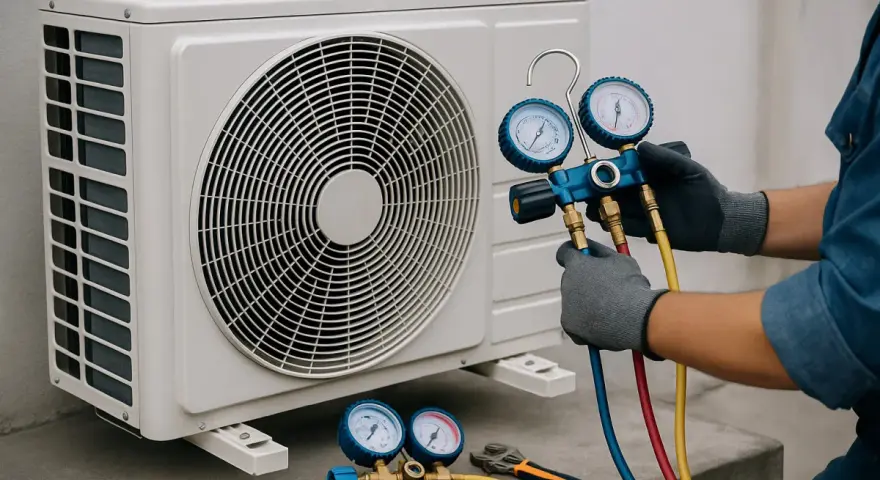 Tecnico controlla il gas nel condizionatore con manometri.