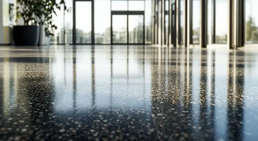 Reflejos en un suelo de terrazo pulido, ideal para modernizar espacios con un toque elegante y duradero.