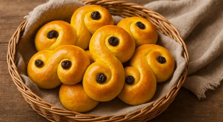 En korg fylld med gyllene lussebullar, perfekta för ett saftigt lussebullar recept.