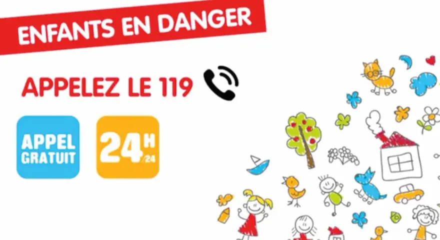 Enfants en danger : appelez le 119. Appel gratuit 24h/24. Illustrations d'enfants et d'animaux.