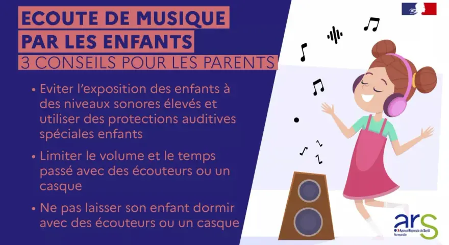 Une fillette danse, écouteurs aux oreilles, entourée de notes de musique. Un exemple de bruit sonore à éviter pour les enfants.