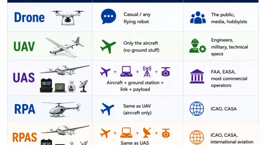 This chart explains drone terminology. The "invisible drone" is a concept, not pictured, but the chart shows various types of drones and their uses.