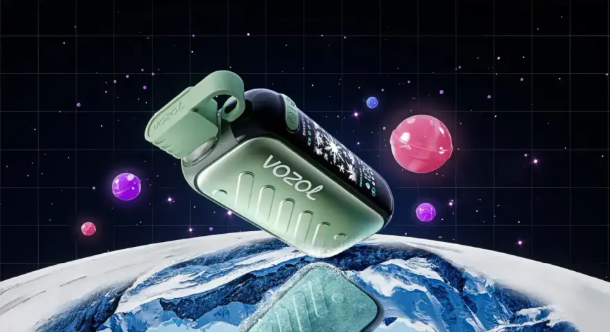 Vaper verde flotando en el espacio, sobre un planeta helado. Indicadores en pantalla para saber como saber si un vaper esta cargado.