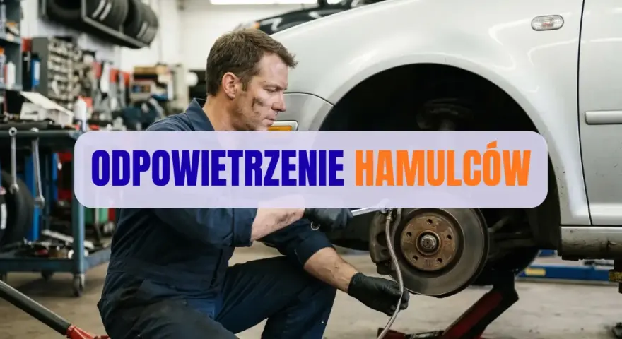 Mechanik w warsztacie wykonuje odpowietrzanie hamulców w samochodzie, dbając o bezpieczeństwo jazdy.
