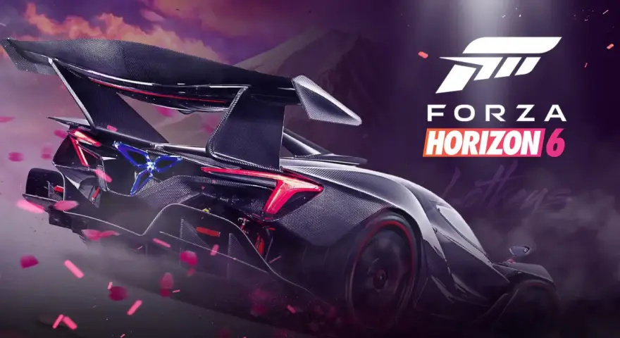 Wyścigowy bolid z włókna węglowego z ogromnym skrzydłem, zapowiadający premierę Forza Horizon 6.