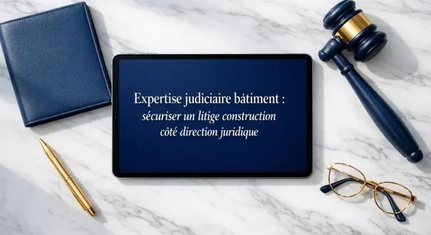 Marteau de juge, lunettes, stylo doré et tablette affichant "Expertise judiciaire bâtiment : sécuriser un litige construction côté direction juridique".
