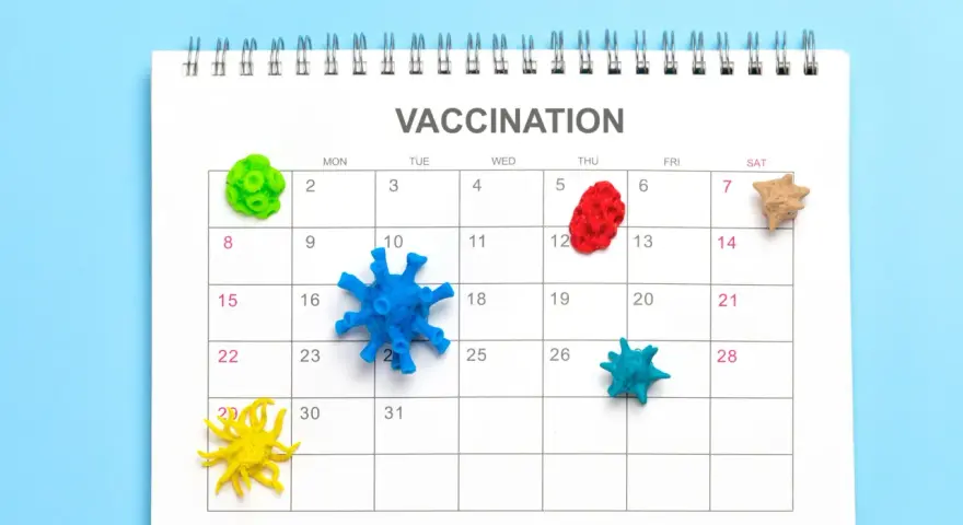 Kalendarz z napisem "VACCINATION" i kolorowymi modelami wirusów na dniach. Planowanie szczepień to klucz do pokonania pandemii.