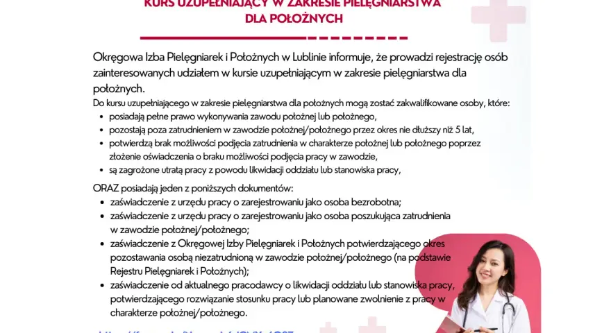 Kurs uzupełniający dla położnych. Okręgowa Izba Pielęgniarek i Położnych w Lublinie zaprasza na kurs.