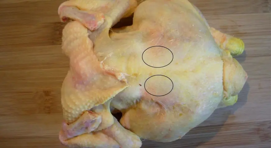 Un poulet cru sur une planche à découper en bois. Deux cercles noirs entourent des zones de chair où l'on peut voir des fibres musculaires. On dirait que le sot l'y laisse.