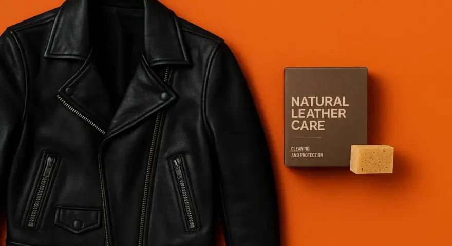 Czarna kurtka skórzana obok pudełka "Natural Leather Care" i gąbki. Dowiedz się, czym natłuścić kurtkę skórzaną domowe sposoby.
