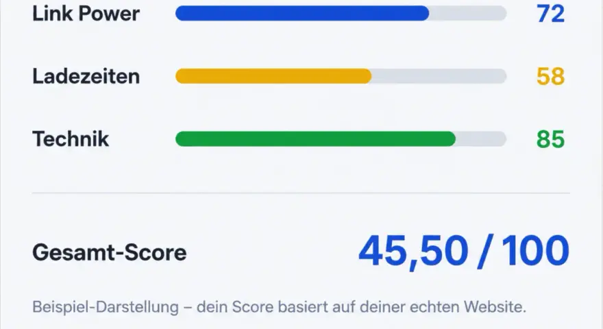 SEO-Analyse: Link Power (72), Ladezeiten (58), Technik (85). Gesamt-Score 45,50/100. Schlechte Werte deuten auf negative SEO hin.