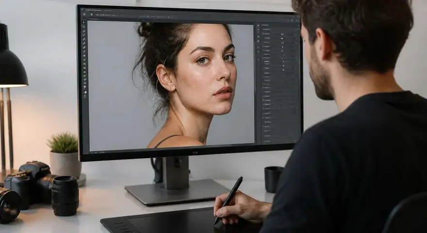 Un homme retouche un portrait sur Photoshop, utilisant un outil fluidité pour peaufiner les détails du visage.