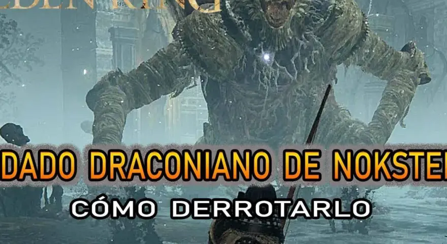 Un guerrero se enfrenta a un enorme soldado draconiano de Nokstella en Elden Ring.