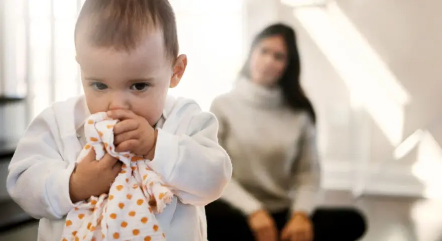 Kleines Baby hält sich an einem Tuch fest, wirkt schüchtern. Im Hintergrund sitzt eine unscharfe Frau.