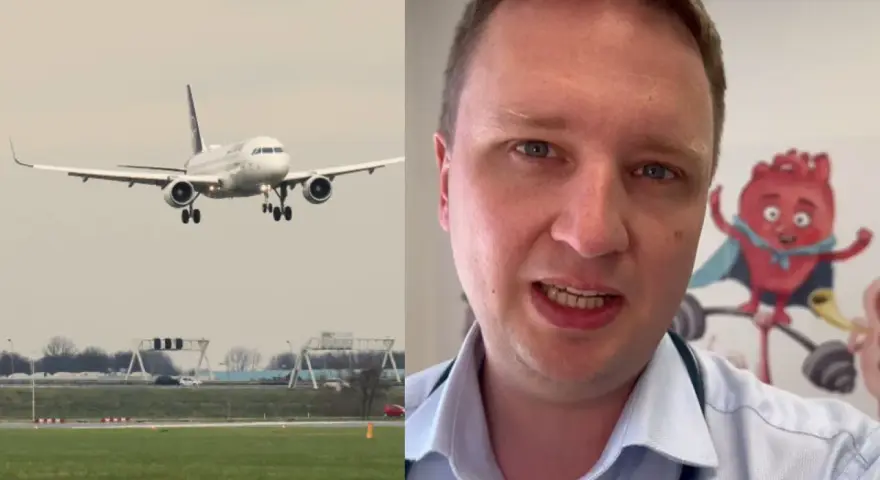 Lekarz wyjaśnia, jak radzić sobie z zapaleniem ucha podczas lotu samolotem. Na ekranie samolot lądujący na lotnisku.
