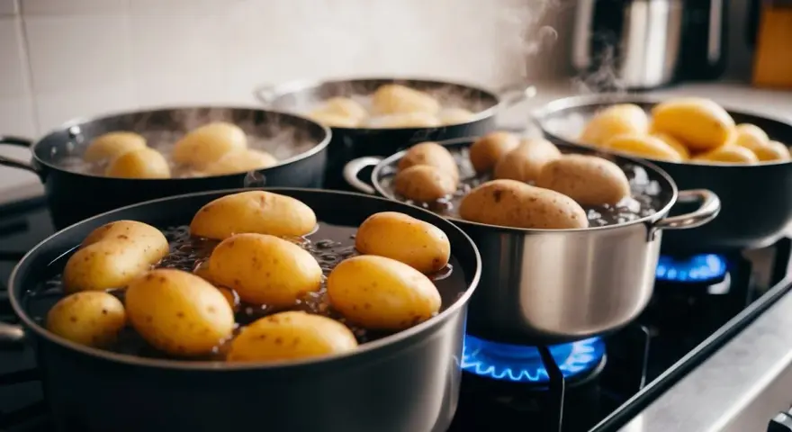 Flera kastruller med potatis som får koka på spisen. Ånga stiger upp från det bubblande vattnet.