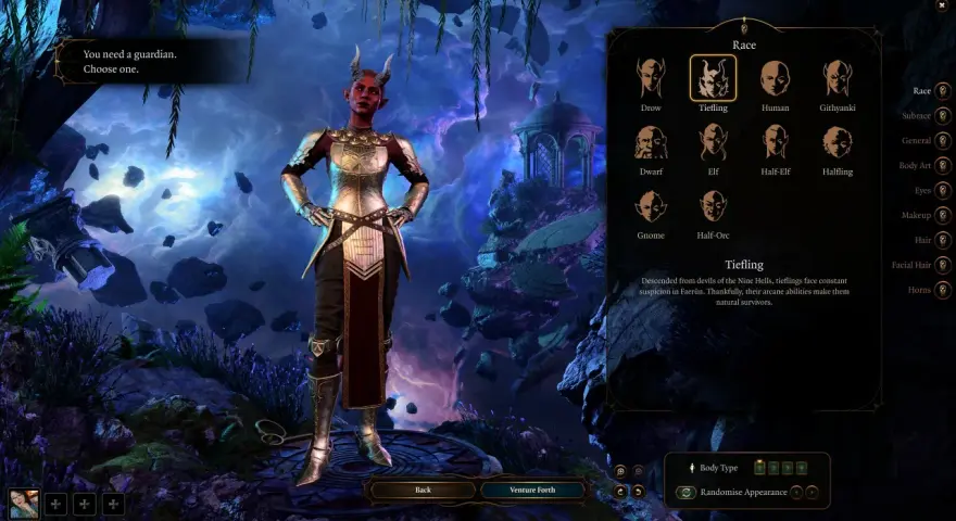 Creación de personajes de Baldur's Gate 3: una mujer Tiefling con armadura dorada y cuernos, lista para la aventura.