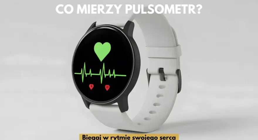 Biały smartwatch z ekranem pokazującym zielone serce i wykres EKG. To idealny test conconiego dla biegaczy.