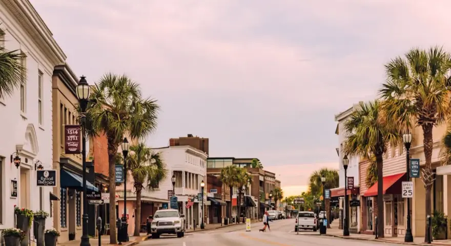 A charming street scene in Beaufort, SC, with palm trees lining the sidewalks and historic buildings. Perfect for exploring all the things to do in Beaufort, SC.