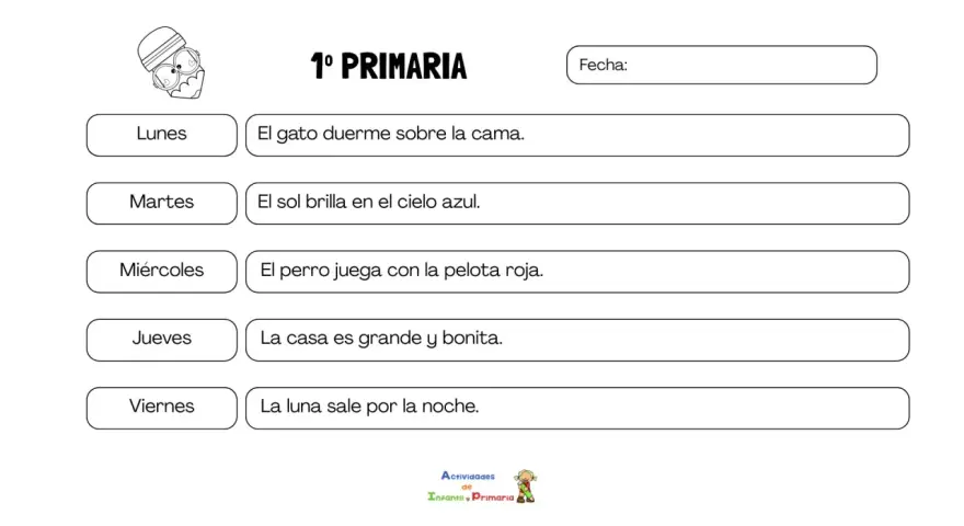 Hoja de dictado 1 primaria con frases sencillas para practicar la escritura.