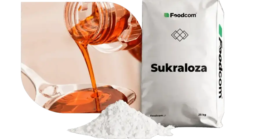 Słodzik sukraloza w proszku i płynie, obok białego worka z napisem "Sukraloza".