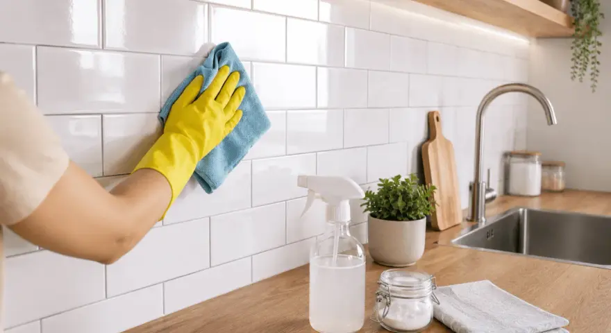 Mano con guante amarillo limpiando azulejos blancos de cocina con paño azul. Spray, planta y bicarbonato cerca del fregadero.