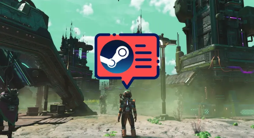 Astronauta frente a edificios futuristas, con un icono de Steam. Ideal para análisis juegos PC.