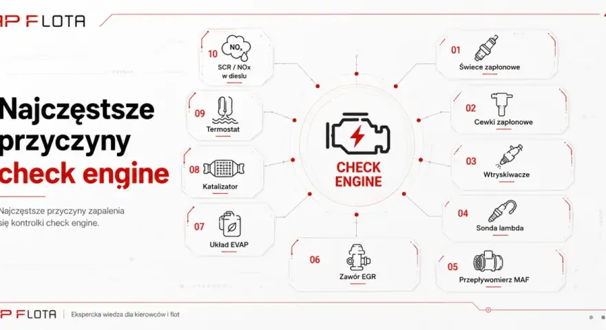 Najczęstsze przyczyny zapalenia się kontrolki check engine: świece, cewki, wtryskiwacze, sonda lambda, przepływomierz MAF, zawór EGR, układ EVAP, katalizator, termostat, SCR/NOx.