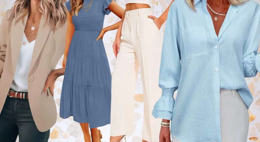 Estilos para un código de vestimenta business casual: blazer beige, vestido azul, pantalones crema y camisa a rayas celestes.
