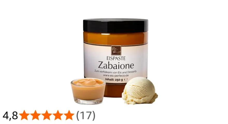Eis-Perfecto Zabaione Eis Paste für cremigen Eisgenuss. Daneben eine Kugel Vanilleeis und eine Schale der Paste.