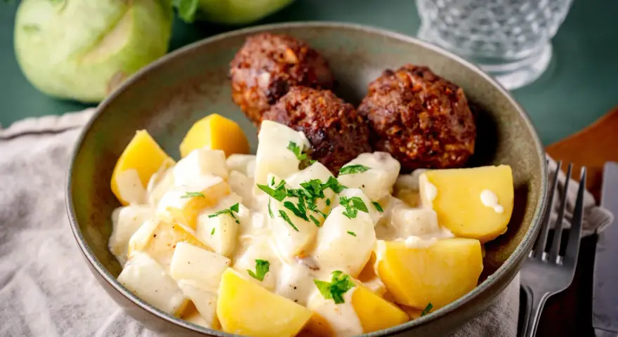 Klassische Kohlrabi-Rezepte: Kohlrabi in cremiger Sauce mit Kartoffeln und Frikadellen, garniert mit Petersilie.