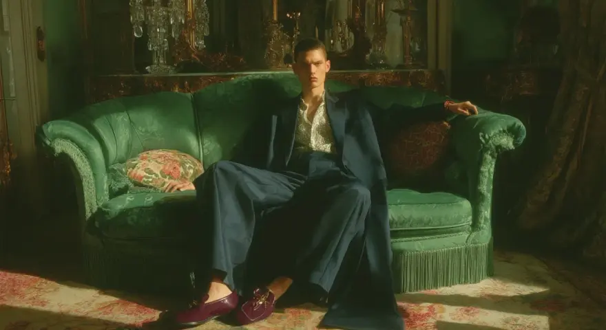 Giovane uomo con abito blu e camicia fantasia, seduto su un divano verde smeraldo, indossa un elegante abito con mocassino bordeaux.