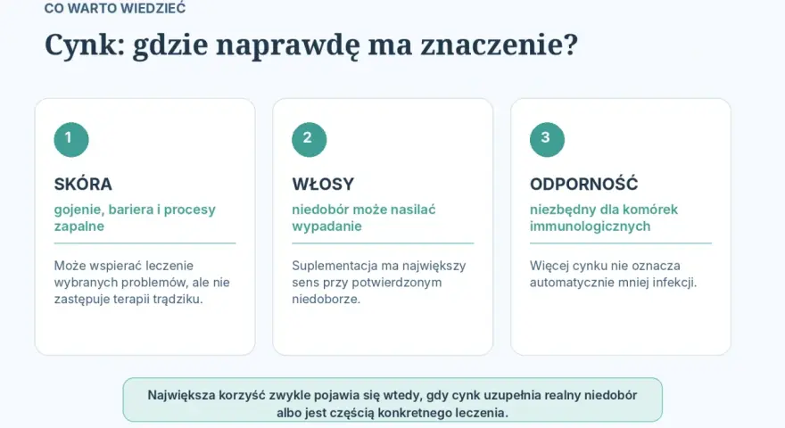 Cynk na skórę wspiera gojenie i procesy zapalne. Warto go suplementować przy potwierdzonym niedoborze, by wzmocnić odporność i włosy.