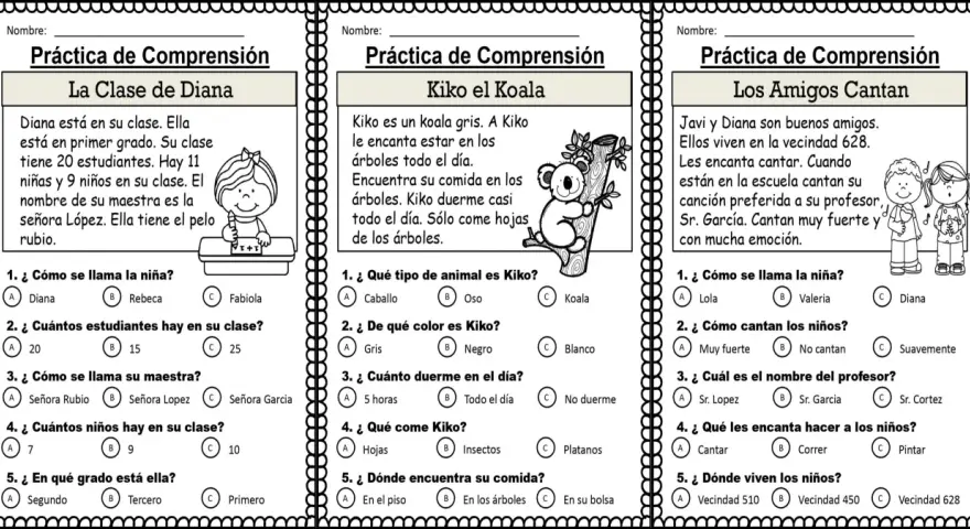 Hojas de árboles, koalas y canciones: tres lecturas cortas para practicar la comprensión.