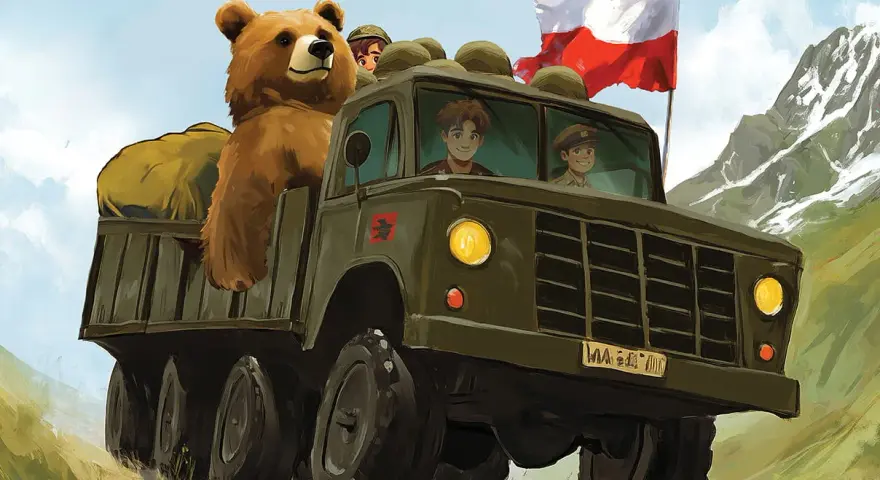 Dziadek i niedźwiadek w wojskowej ciężarówce z polską flagą, jadą przez góry.