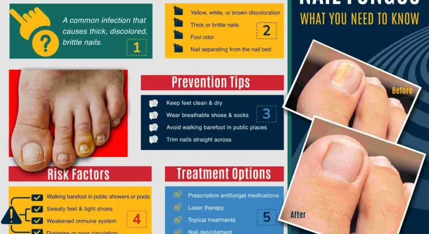 Infographie sur le vernis mycose : causes, symptômes, prévention et traitements. Avant/après montrant l'amélioration d'un ongle atteint.