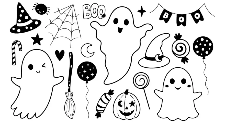 Collection d'éléments d'Halloween : fantômes joyeux, chapeaux de sorcière, citrouille, bonbons, balai, araignée, toile d'araignée. Parfait pour un inspi dessin facile.