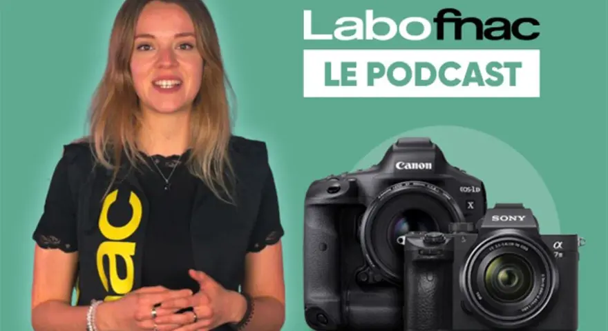 Une femme souriante, un logo "Labo Fnac" et deux appareils photo : un Canon EOS-1D X et un Sony Alpha 7s.