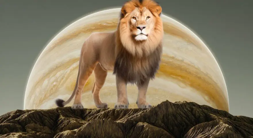 Majestatyczny lew na skalistym szczycie, z Jowiszem w tle. Król kosmosu, jakby Mars w Lwie.