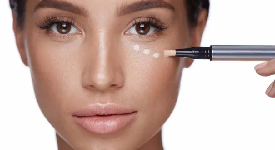 Application de correcteur pour camoufler un cerne bleu. Le pinceau dépose des points de produit sous l'œil.