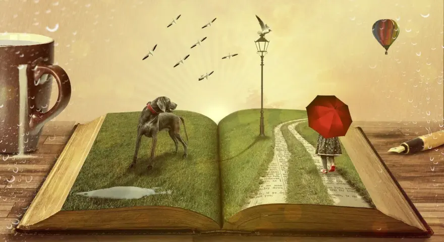 Un livre ouvert se transforme en paysage : un chien, une petite fille sous un parapluie rouge, un ballon et des oiseaux s'envolent. Ces livres d'histoire invitent à l'évasion.