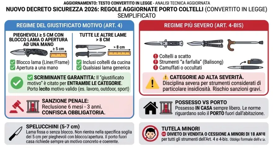 Schema semplificato del porto di coltelli secondo l'art. 4 e 4-bis del nuovo decreto sicurezza.