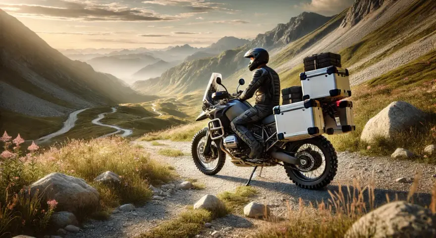 Motociclista en un trail baja cilindrada, con alforjas, recorriendo un camino sinuoso entre montañas al atardecer.