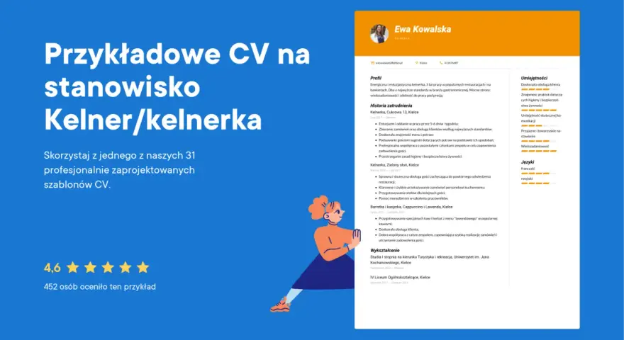 Przykładowe CV na stanowisko kelnerka. Ewa Kowalska, energiczna i entuzjastyczna kelnerka z 3-letnim doświadczeniem, prezentuje swoje umiejętności.
