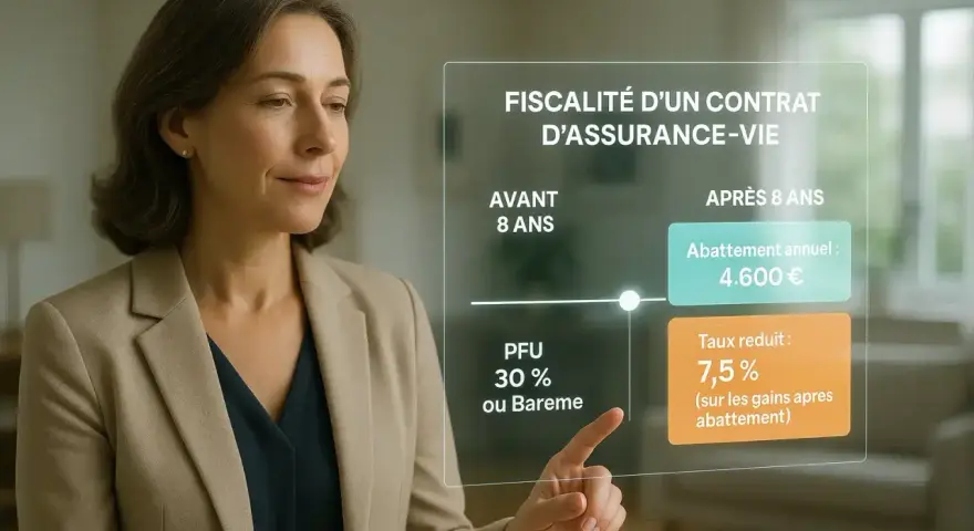 Une femme examine un écran affichant la fiscalité d'un contrat d'assurance-vie, avec des détails sur les abattements et taux réduits.