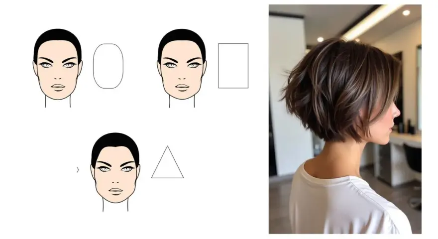 Ilustración de formas de rostro y un moderno corte de pelo bob en capas. Cortes de pelo para mujer modernos.