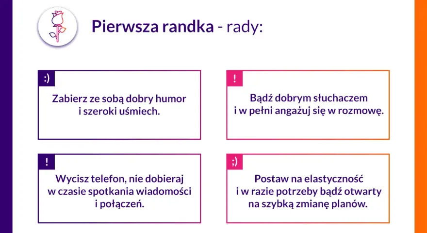 Pierwsza randka - rady dla pań: dobry humor, słuchaj, wycisz telefon, bądź elastyczna.
