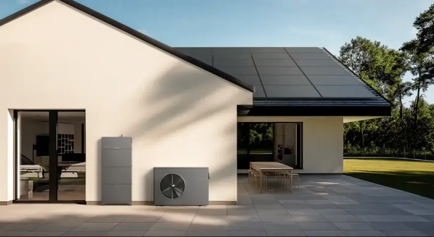 Modernes Haus mit Solaranlage auf dem Dach und Wärmepumpe. Ein Energiekonzept, das u wert optimiert und die Umwelt schont.